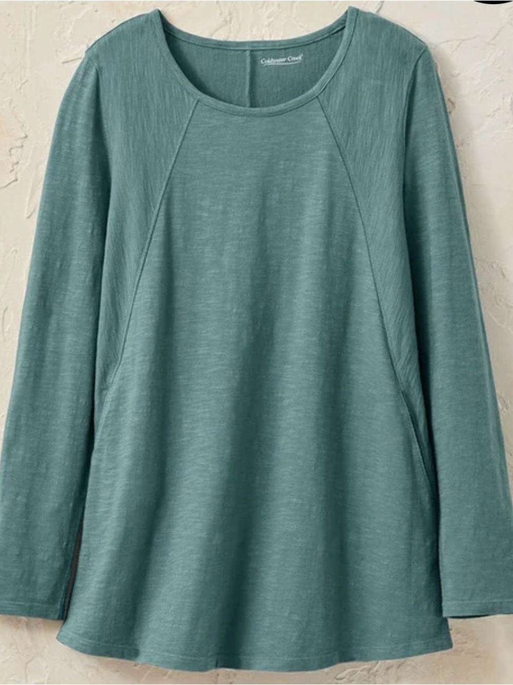 Coldwater Creek Women's Teal Slub Knit Long-Sleeve Scoop Neck Top With Pockets